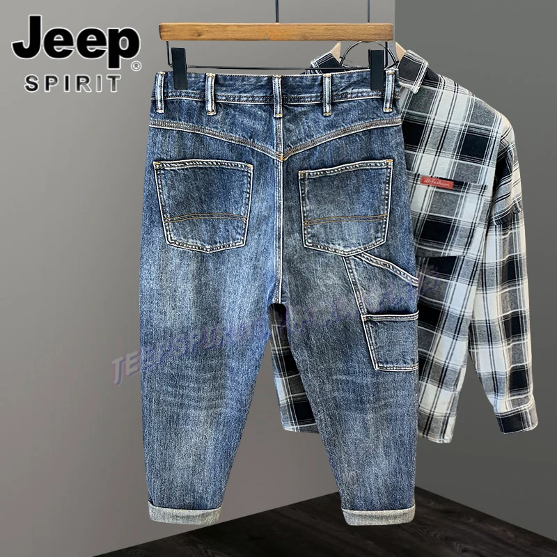 Jeep吉普拼接长裤复古牛仔裤直筒宽松九分裤时尚百搭薄款秋季弹力