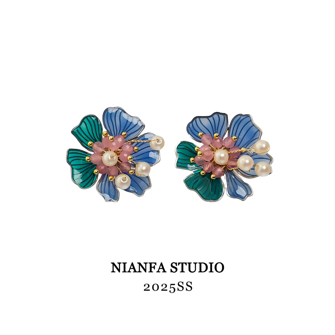 铜合金耳饰 【欲言又寄梦】蓝色花花耳饰 精致花朵