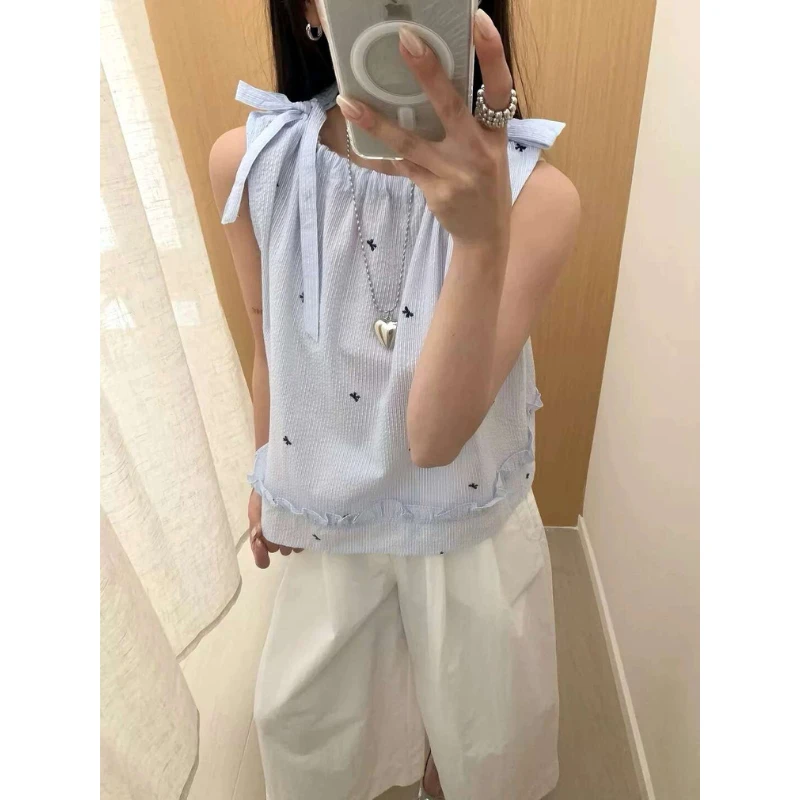 2025新款甜辣风蝴蝶结印花无袖绑带背心上衣显瘦百搭休闲洋气小众