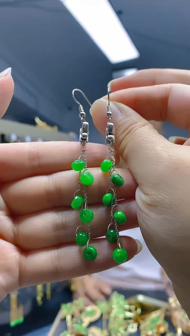 翡翠银S925镶嵌耳饰043翡翠耳钩