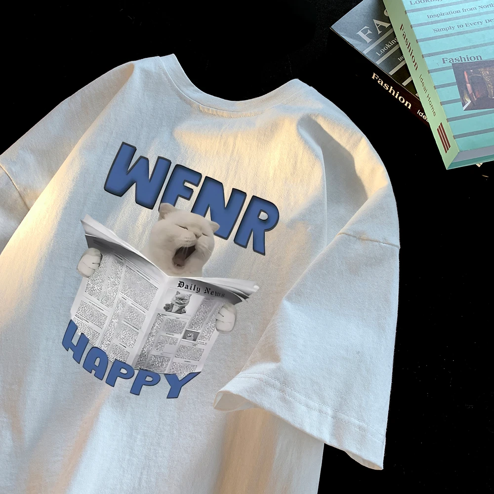 夏季潮牌设计感趣味报纸小猫印花男女生260g重磅纯棉情侣短袖T恤