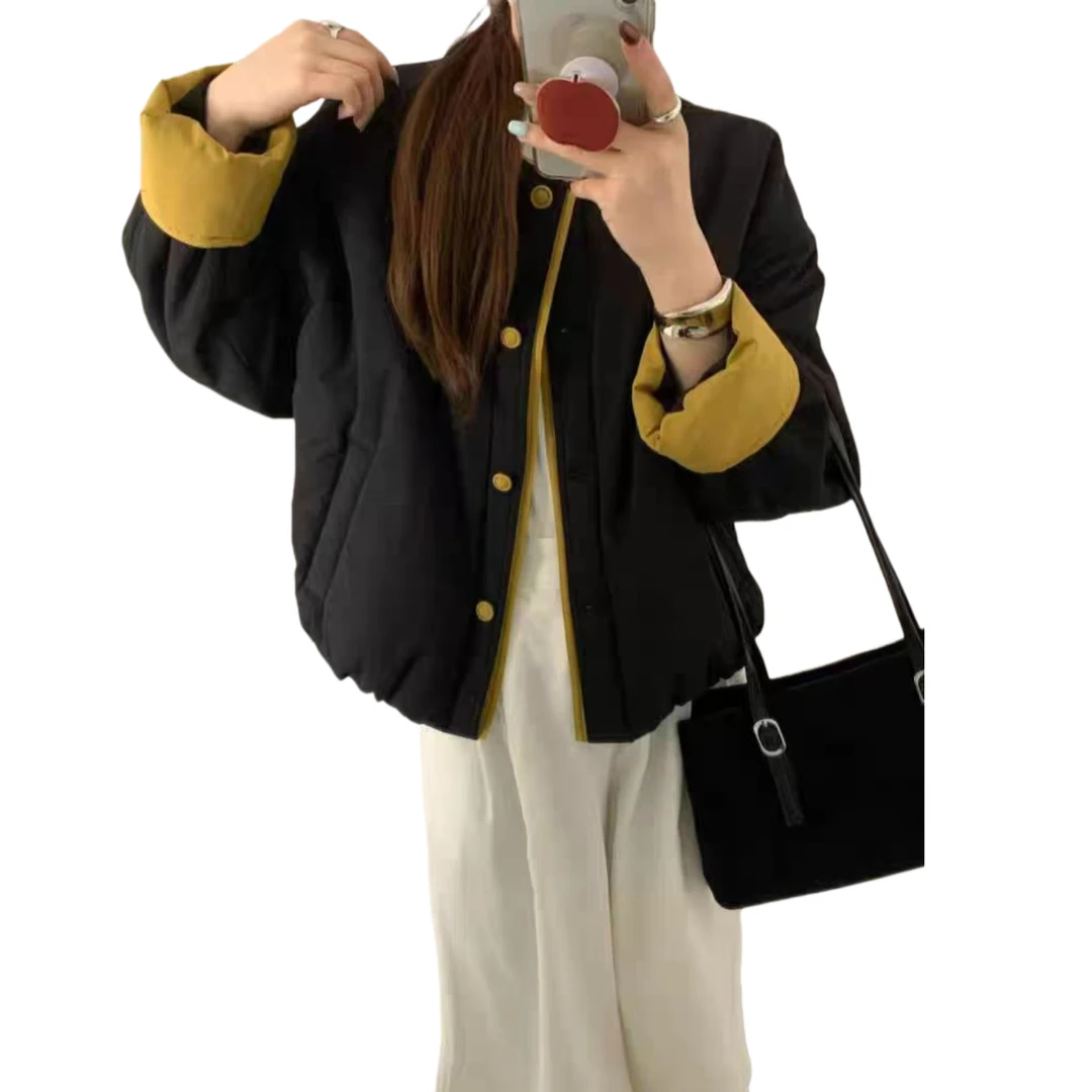 猪猪头家秋冬季新款韩版时尚宽松显瘦拼色袖口棉衣女短外套