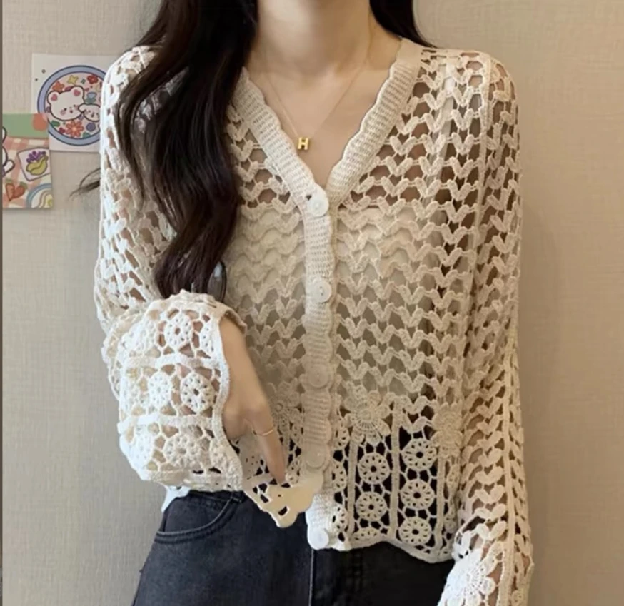 HZHJ周边 法式镂空针织外披宽松百搭休闲短外套上衣 011