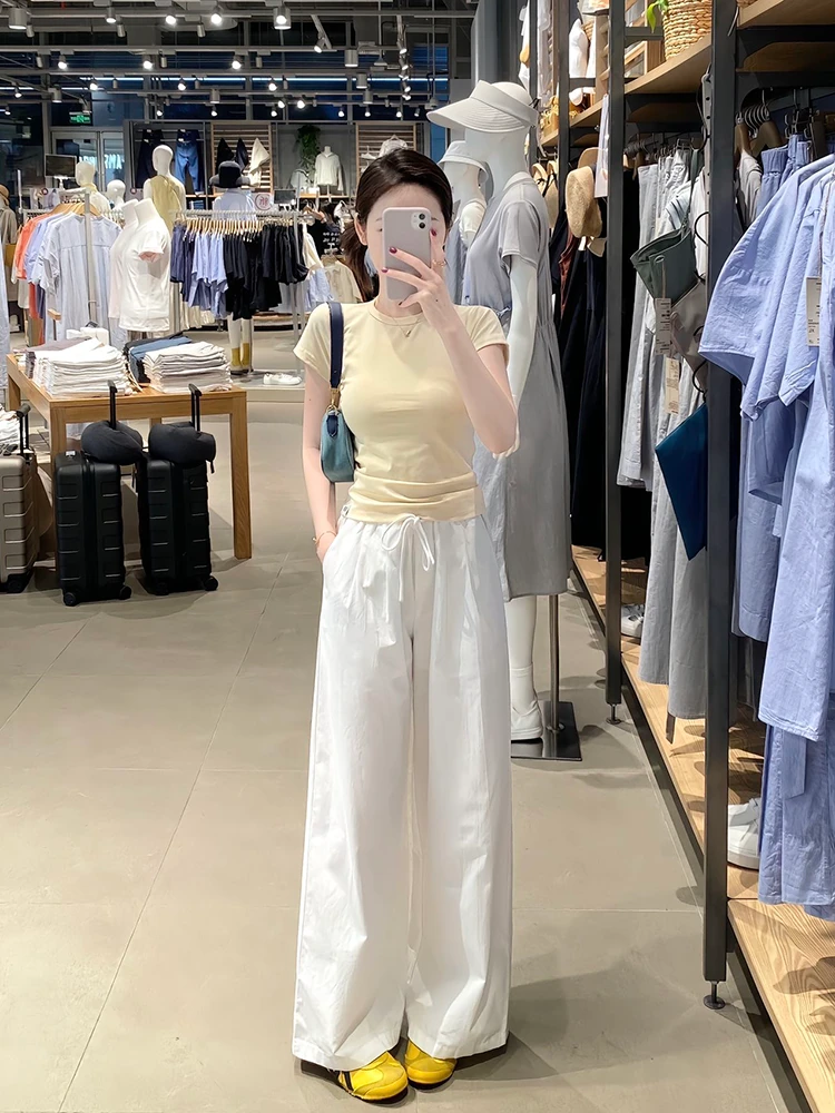 气质简约套装女夏季纯欲感修身纯色短袖上衣高腰百搭休闲裤两件套
