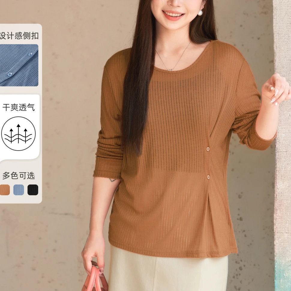【设计感侧扣坑条针织衫】MsShe大码女装春季巨显瘦上衣J~H2503013