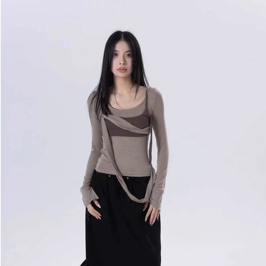 【奥莉】2025春夏：美式拼接撞色小众设计感长袖打底衫8272