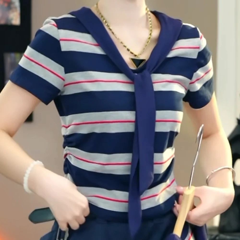 2025夏季新款条纹撞色V领海军风披肩假两件短袖T恤女C5337