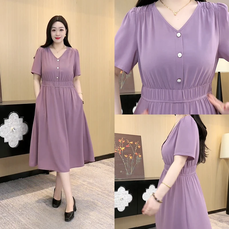 胖大盈定制大码女装夏季新款黑色紫罗兰短袖连衣裙优雅气质ZB7099