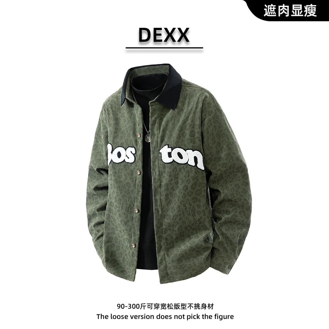 复古豹纹灯芯绒夹克潮流字母刺绣百搭休闲大码男女同款上衣外套