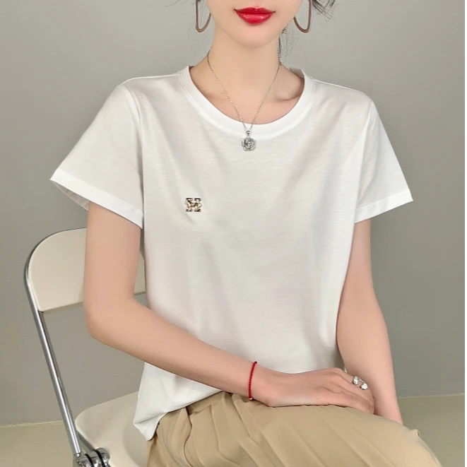 桑蚕丝t恤女短袖宽松简约圆领修身显瘦T恤衫白色上衣夏季D617