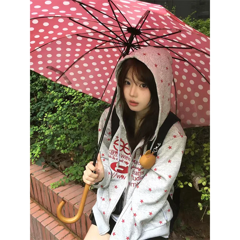 韩版时尚百搭星星印花开衫连帽卫衣女宽松休闲新款慵懒风拉链外套