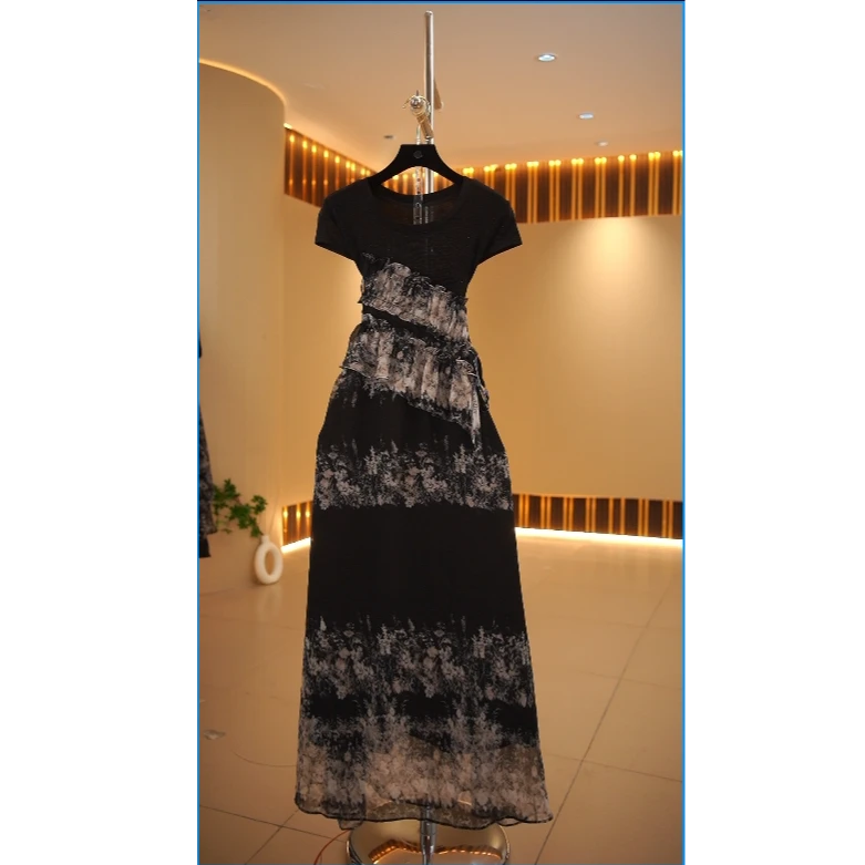 【糖宝专属】墨韵繁花不对称设计法式优雅显瘦连衣裙7017-1