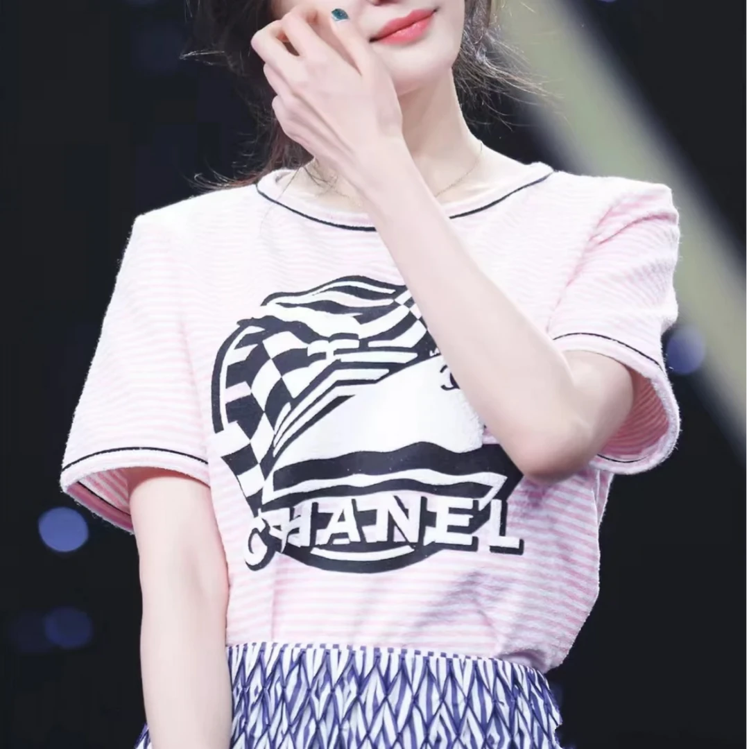 99新 Chanel/香奈儿 19C游轮系列粉白条纹圆领短袖T恤