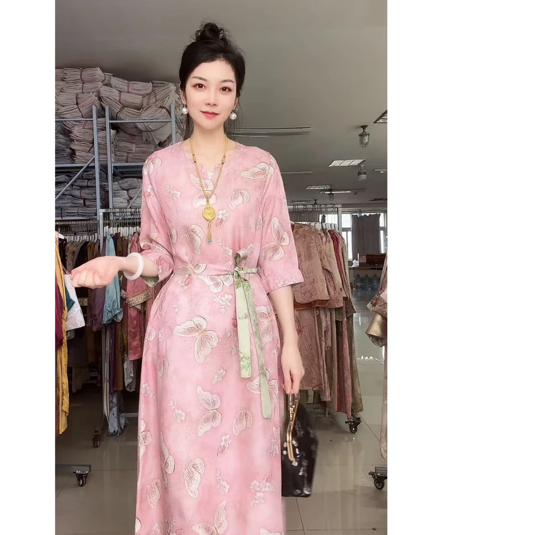 0175--1秋季新款新中式国风宽松显瘦圆领气质优雅双面穿连衣裙