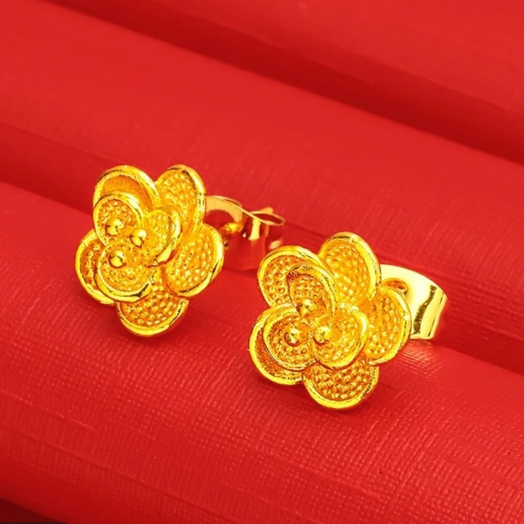 铜合金耳饰 【喜喜]久不掉色复古实心耳钉金色 立体花瓣耳环女