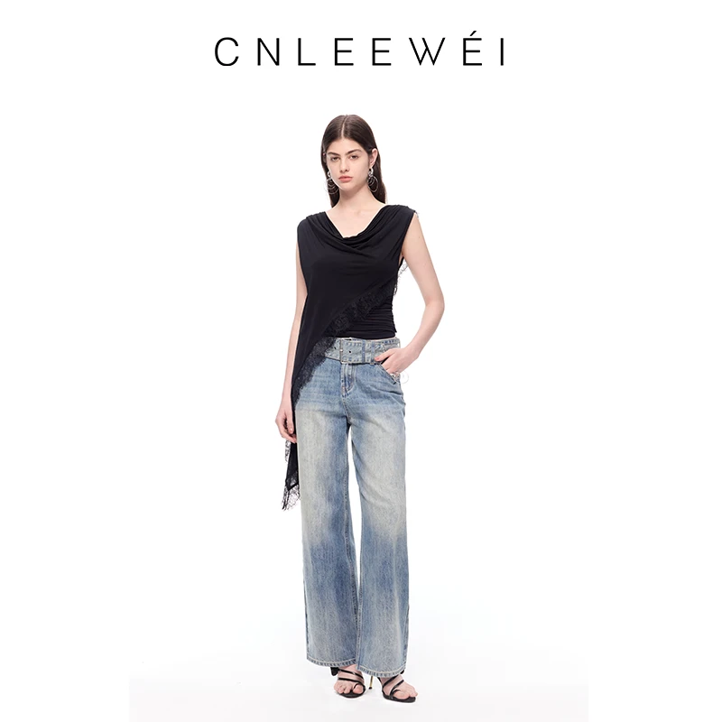 CNLEEWEI25夏季宽腰带休闲阔腿牛仔裤阔腿裤高腰直筒
