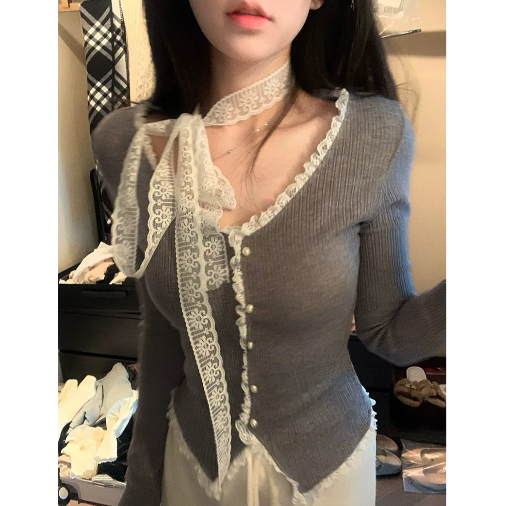 v领蕾丝花边针织开衫女灰色收腰紧身打底内搭纯欲风上衣