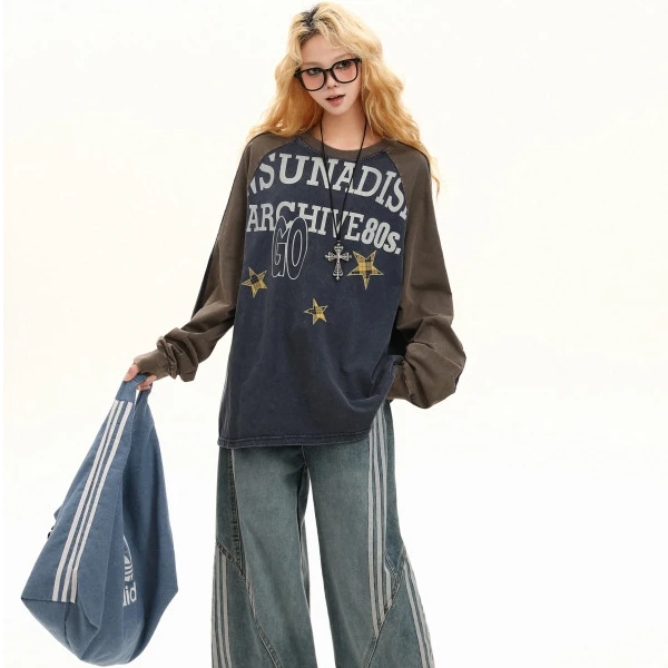 美式复古街头嘻哈潮流个性字母印花插肩袖休闲长袖T恤宽松长T中性