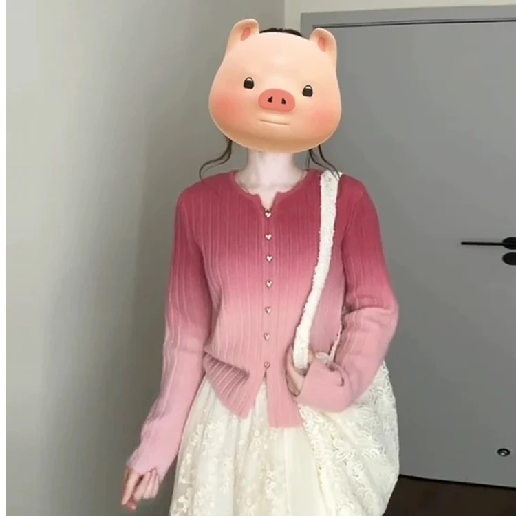 渐变粉单排扣外搭毛衣针织开衫女2025秋冬季新款多巴胺氛围感上衣
