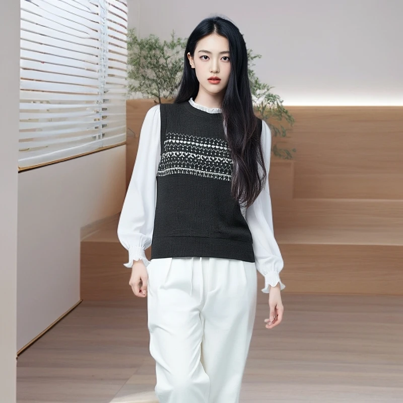 【春季新款】2025时尚法式优雅木耳领拼接撞色休闲百搭长袖小衫