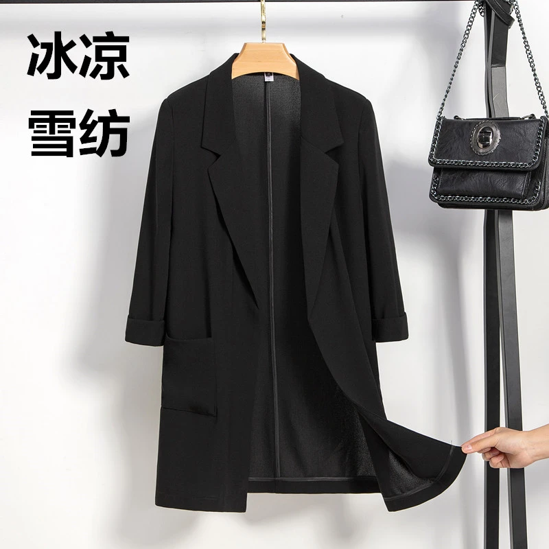 大码西服外套夏薄款中长款七分袖韩版休闲网红胖MM垂感雪纺西装女