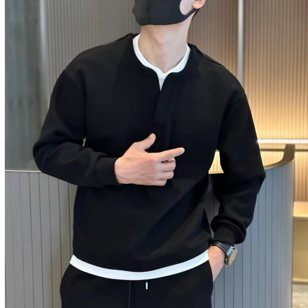 秋冬男士高级感拼接假两件卫衣时尚百搭宽松透气纯色休闲打底上衣