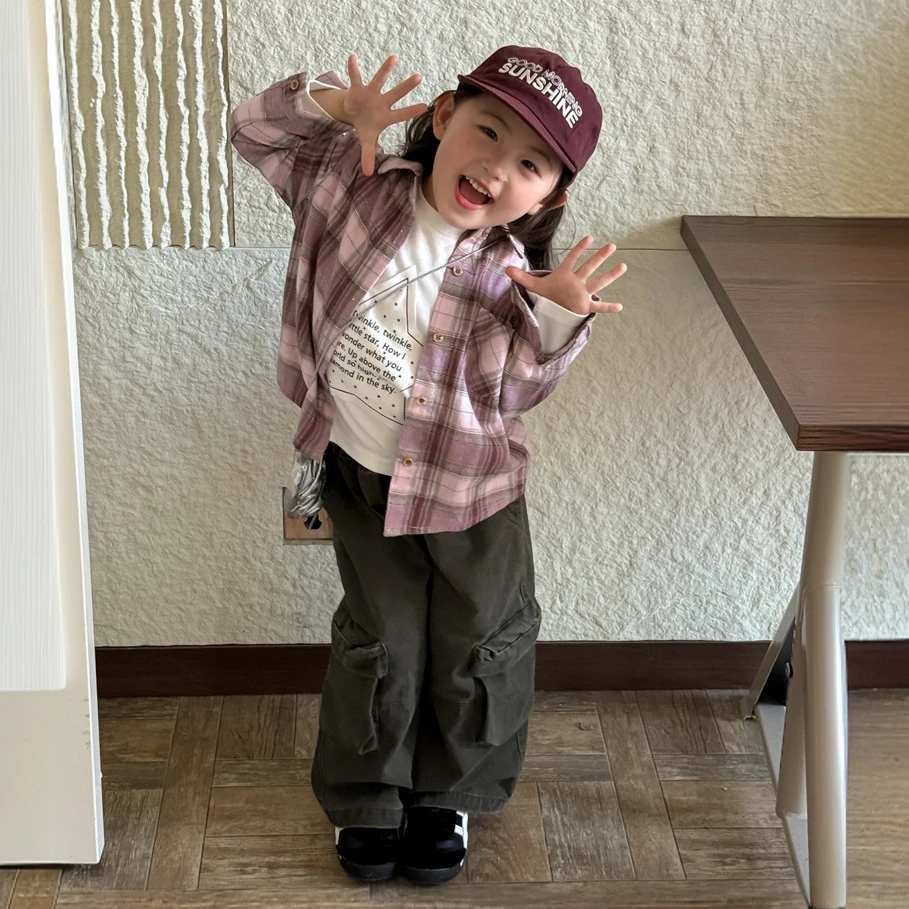 2025秋季款韩系女童洋气时髦粉格子衬衫女宝百搭大口袋休闲工装裤