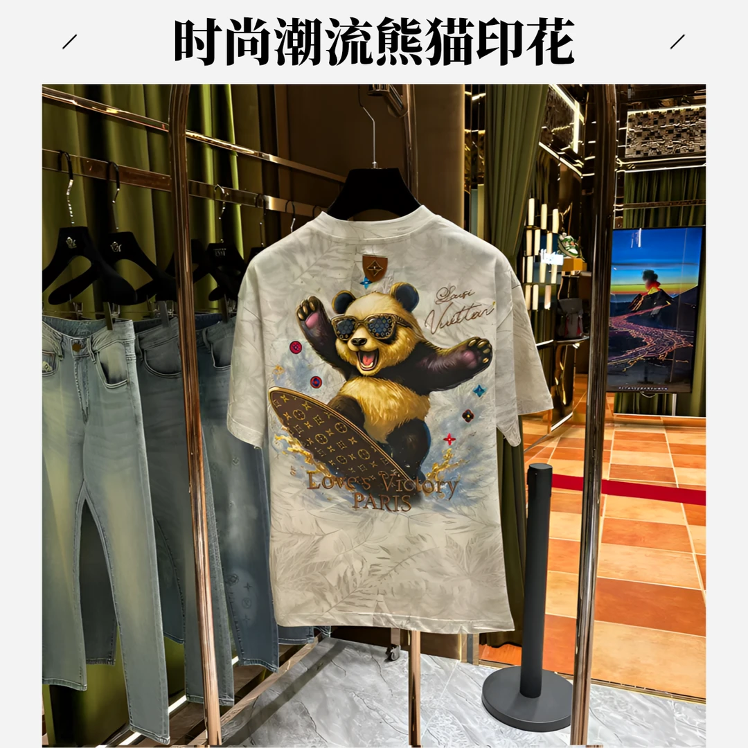 熊猫滑板爆款短袖美式老钱风重工极简至尊印花工艺短袖韩版上衣