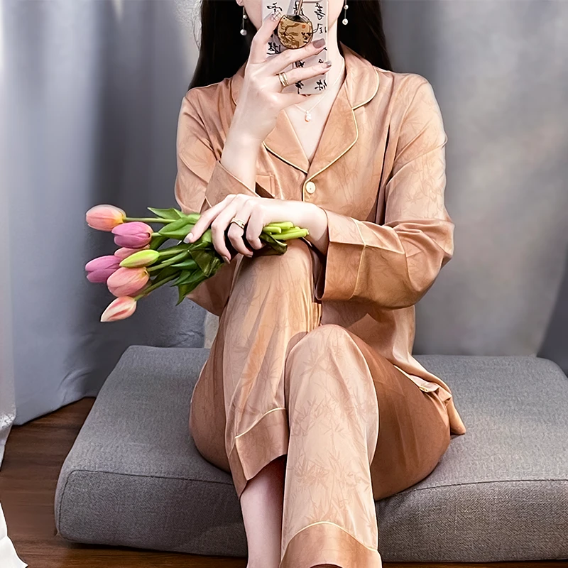 苏杭丝绸夏季女轻薄款睡衣透气宽松大码冰雪丝长袖凉感丝滑家居服