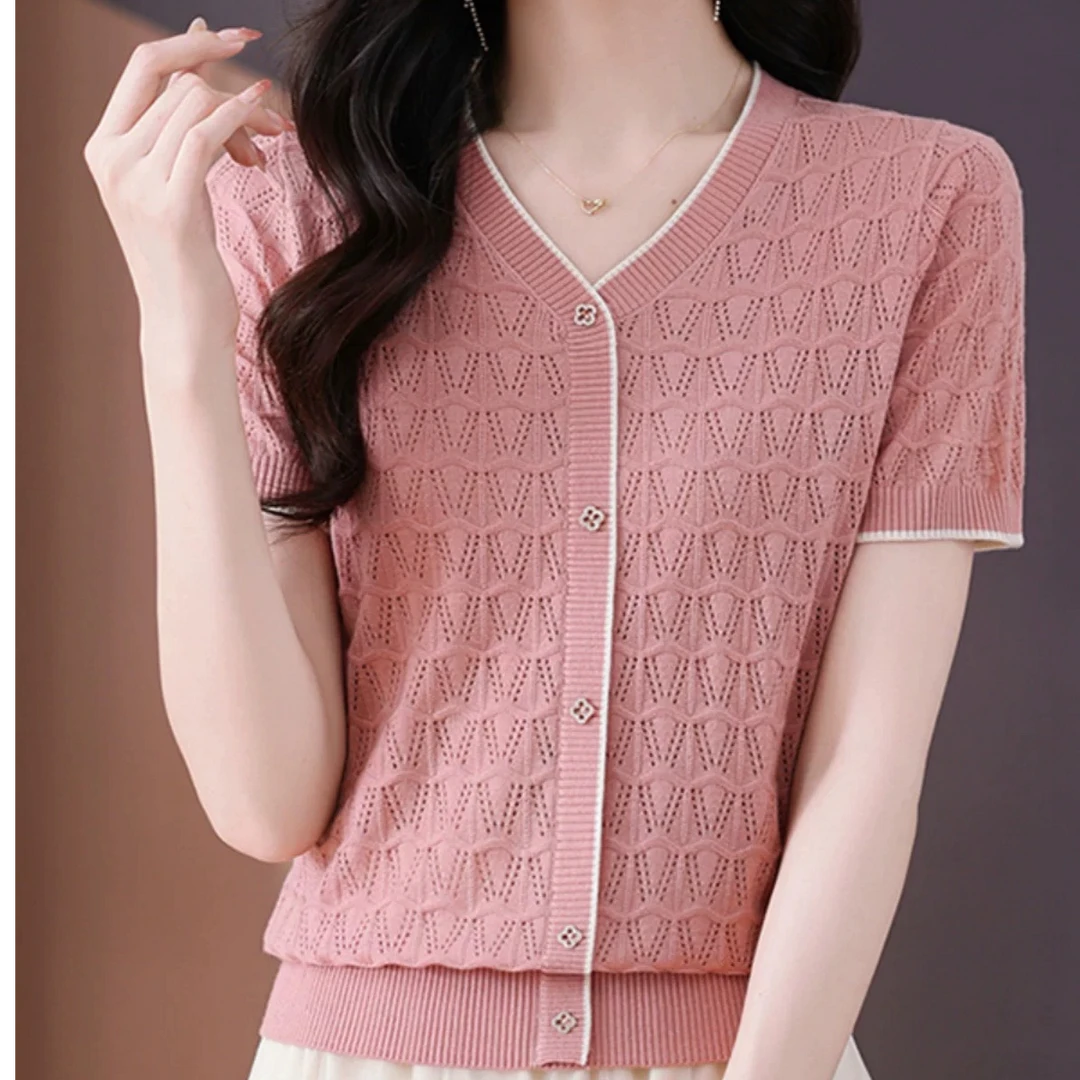 短袖女t恤夏2025新款爆款年轻妈妈镂空薄款减龄冰丝针织小衫上衣