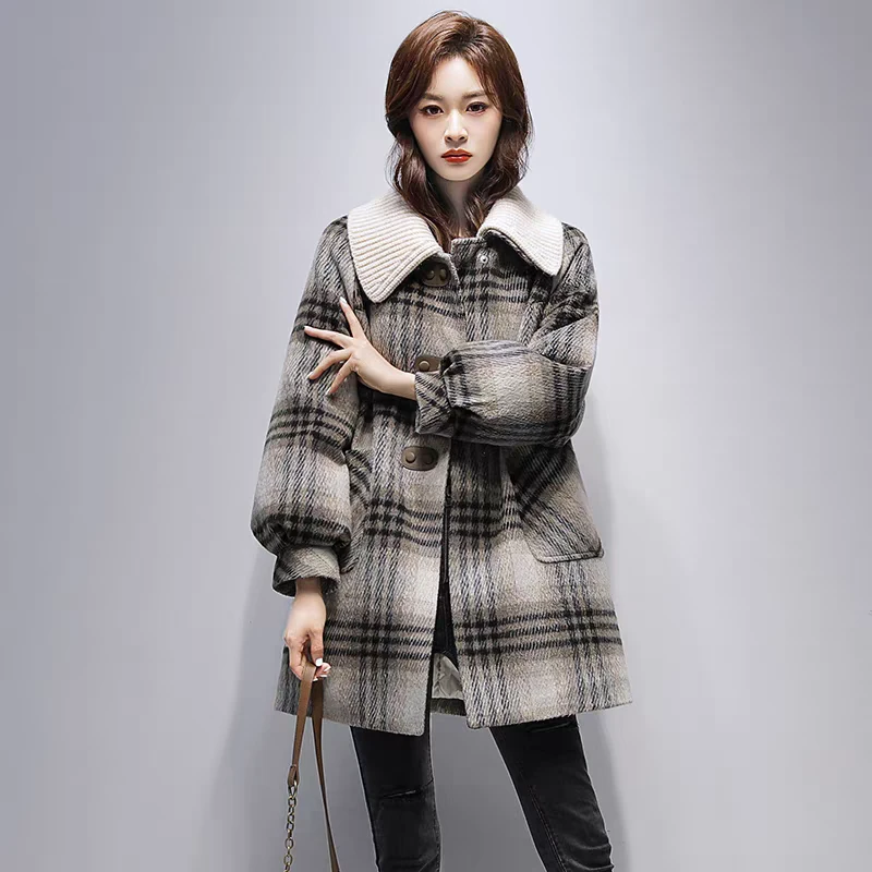 A1676宽松女格子休闲风厚款翻领呢子时尚小个子百搭拼接韩版毛呢