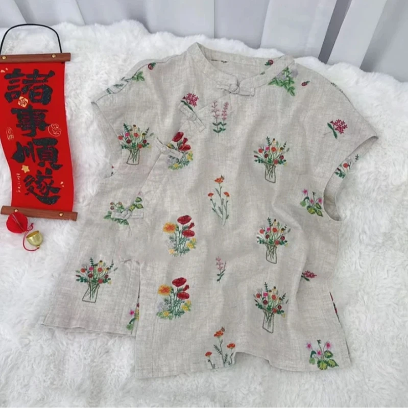 夏季新款韩版休闲文艺风刺绣亚麻小衫女士背心款上衣  R0780