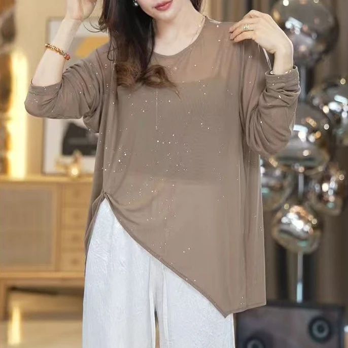 08#【实物为准】2025新款时尚宽松细闪长袖圆领罩衫T恤上衣