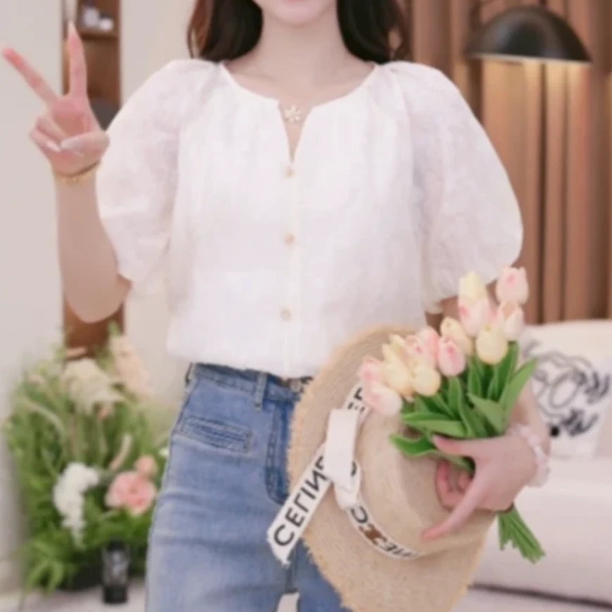 【南油专属】法式复古V领短袖衬衫女2025夏季新款设计感小众13985