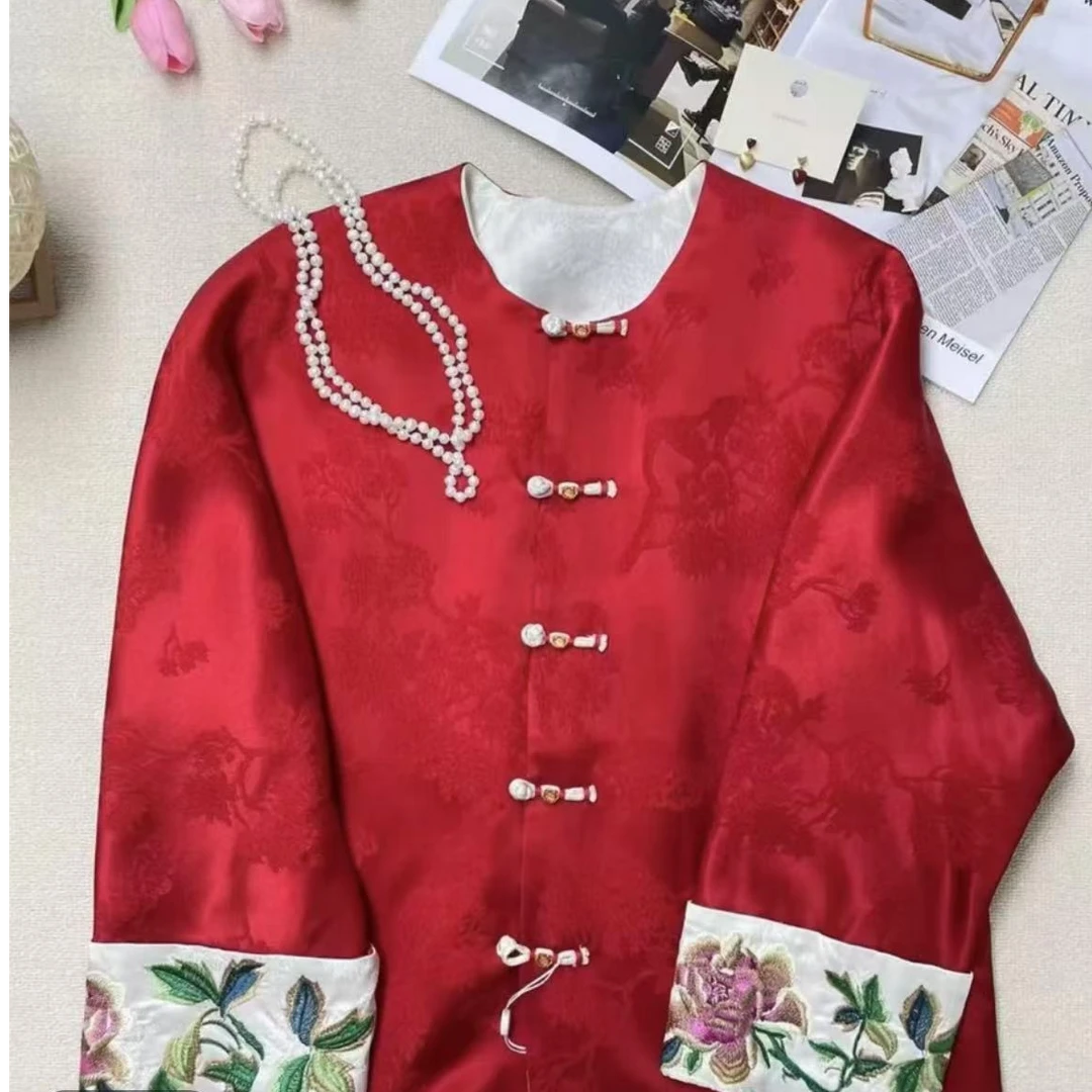 【好运连连】新中式国风盘扣设计师款印花圆领网红复古单面外套