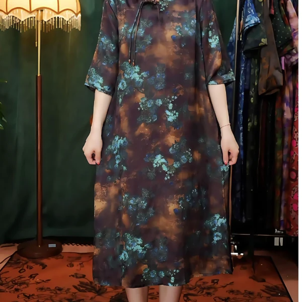 蓝色木棉花宽松大气显瘦长款连衣裙