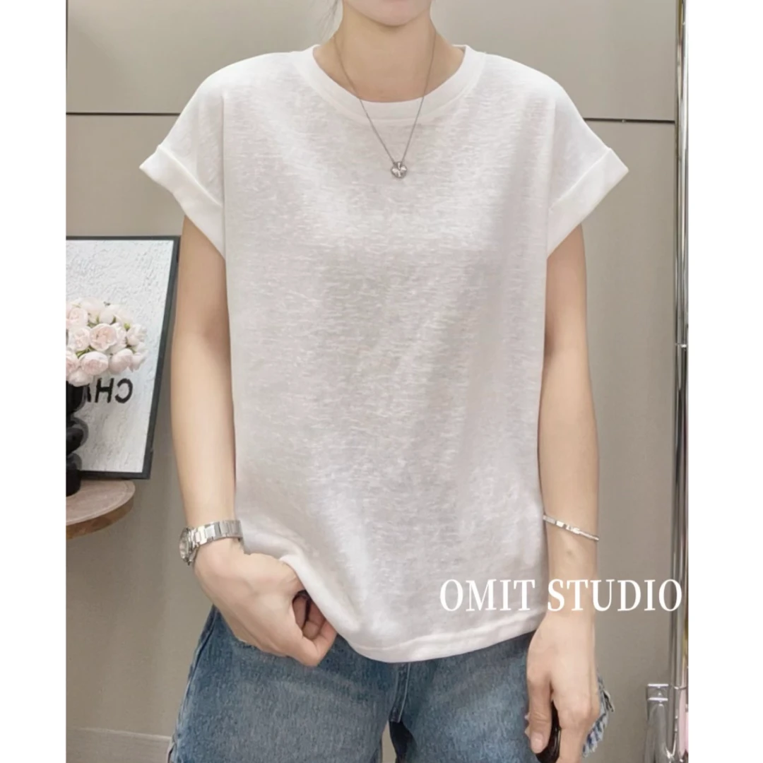 【雪花亚麻】新款凉快折袖常规百搭纯色品质轻薄短袖