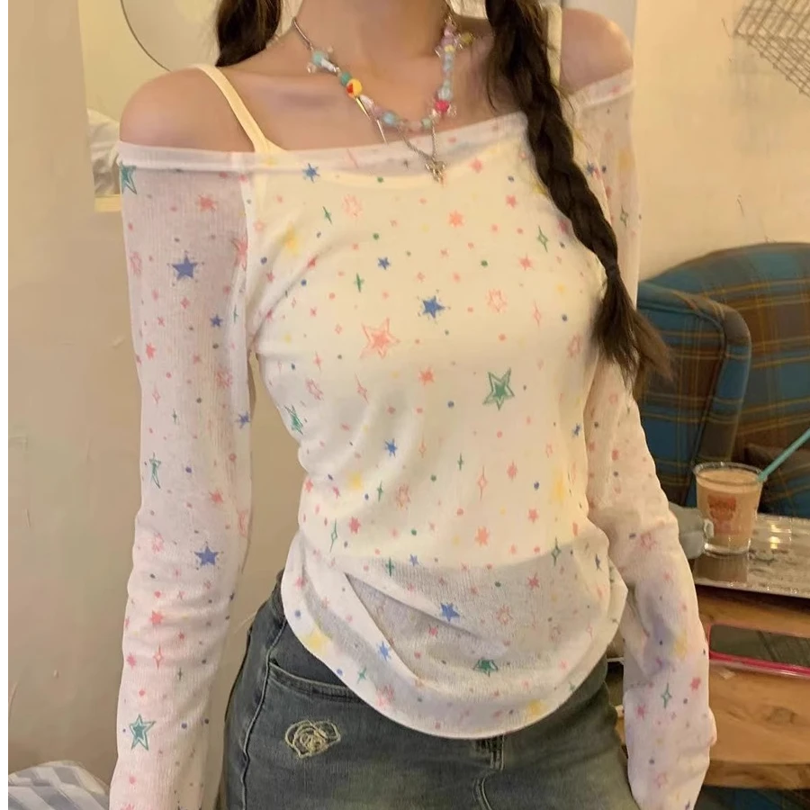 纯欲长袖t恤女夏季薄款透明海边上衣一字肩星星宽松辣妹防晒罩衫