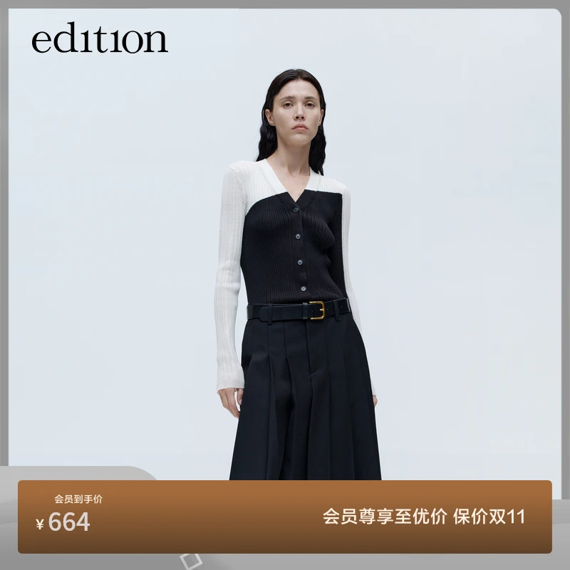 【商场同款】edition2023冬新款黑白拼色羊毛针织衫女#EBC4CAR005