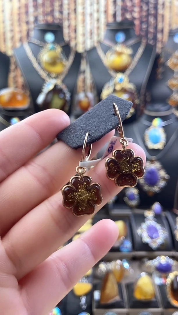 琥珀银S925镶嵌耳饰花珀耳环