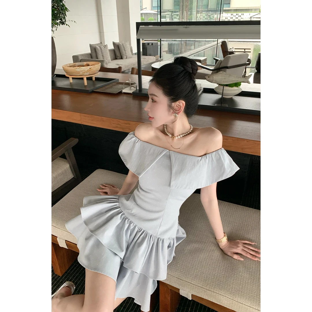 【韩漫欧尼】一字肩波点拼接衬衫半裙两件套小众设计时尚纯欲高级感