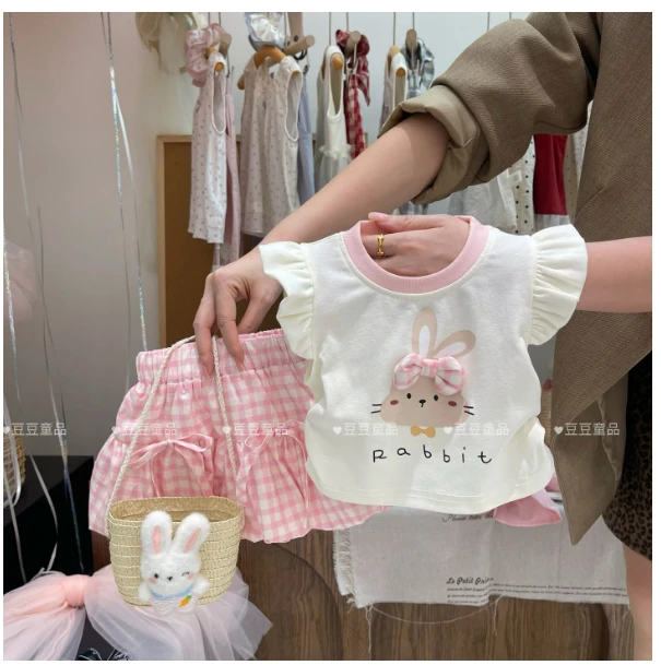 儿童装女小童夏季新款可爱立体蝴蝶结小兔子飞袖裙裤套装A259