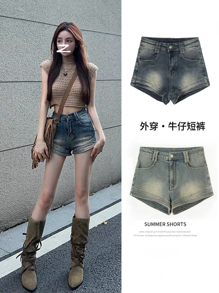 加长【现货24+运险】复古美式高腰弹力显瘦做旧牛仔短裤女超短热裤