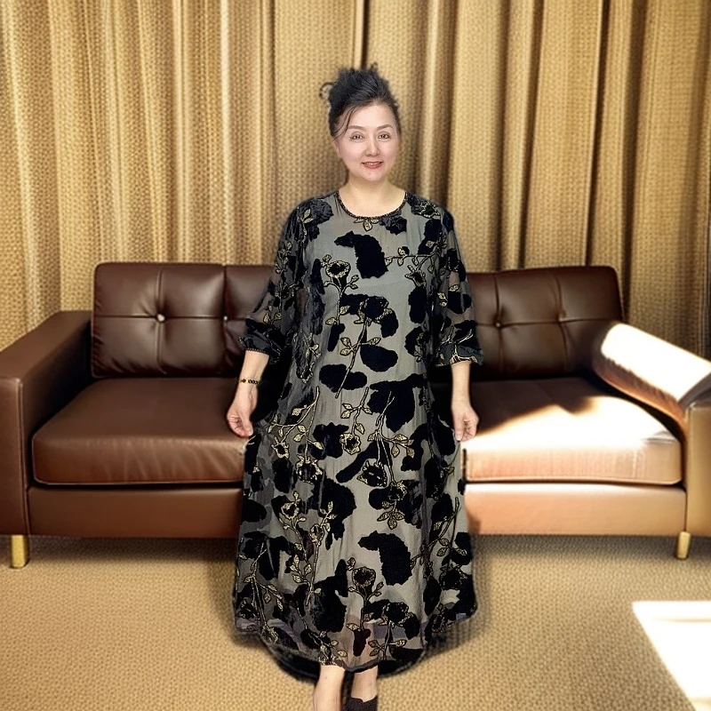 【AYTU】奢华风真丝印花妈妈版连衣裙