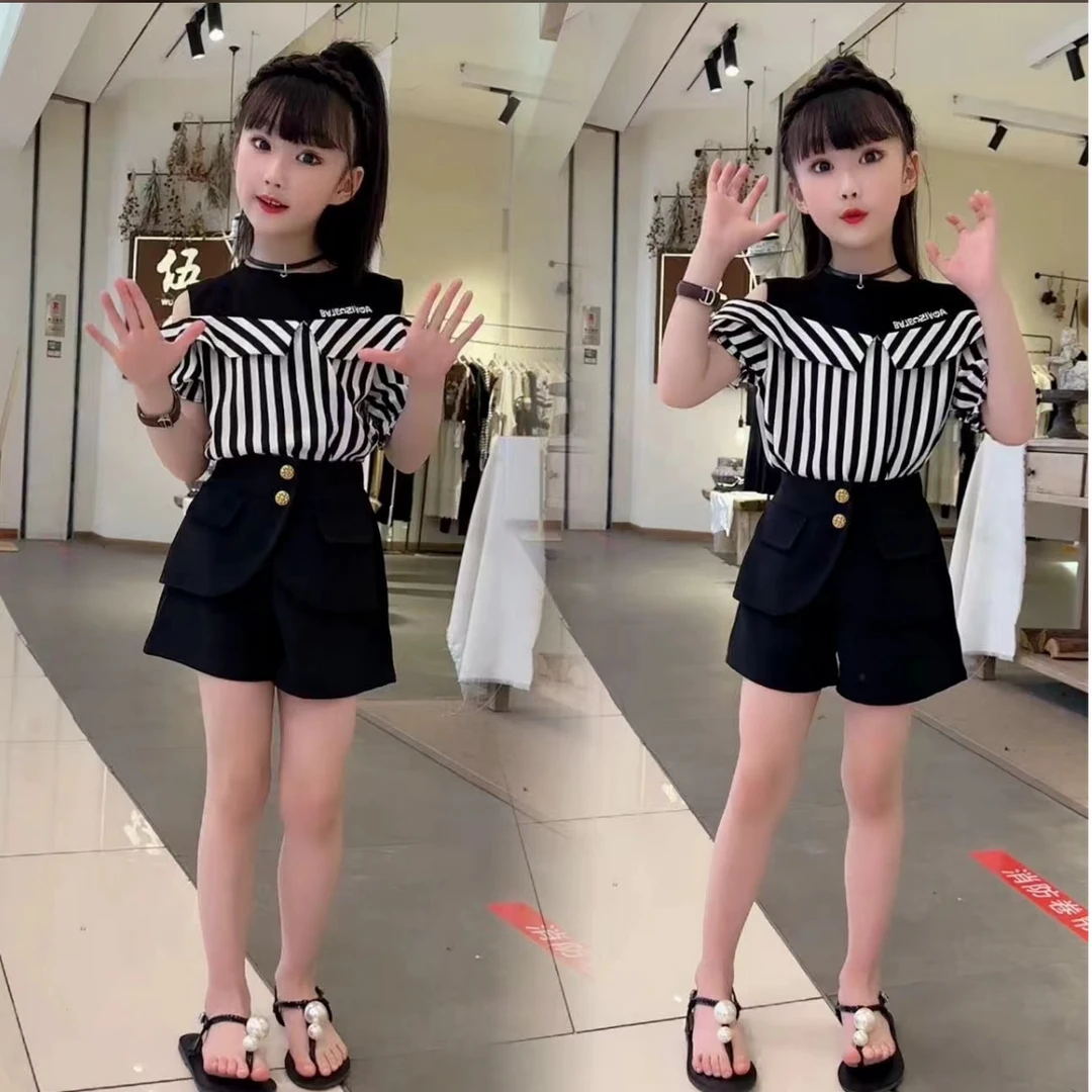 女童露肩条纹套装夏季2025新款儿童洋气假两件短袖韩版薄款裙裤潮