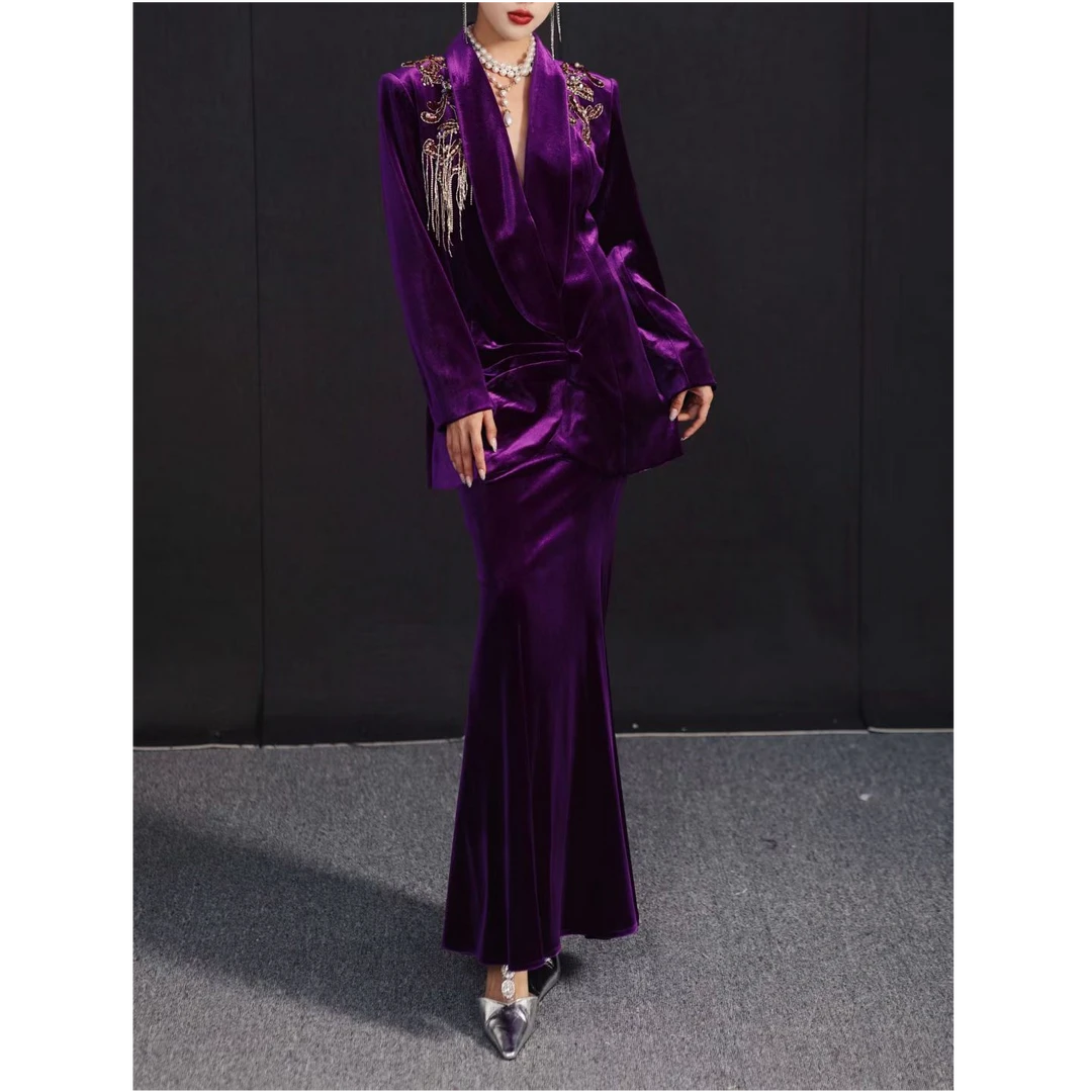 【李小姐Ly】原创2025秋冬高定重工钉珠奢华西装紫色修身轻奢套装