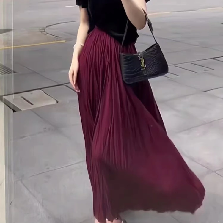 D4713垂坠感温柔风红色半身裙套装新款高腰中长款显瘦A字百褶裙