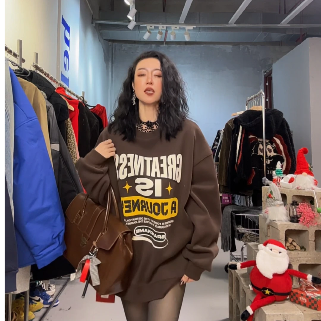 清 十三行 FISHYU正版 加绒咖啡字母大版卫衣