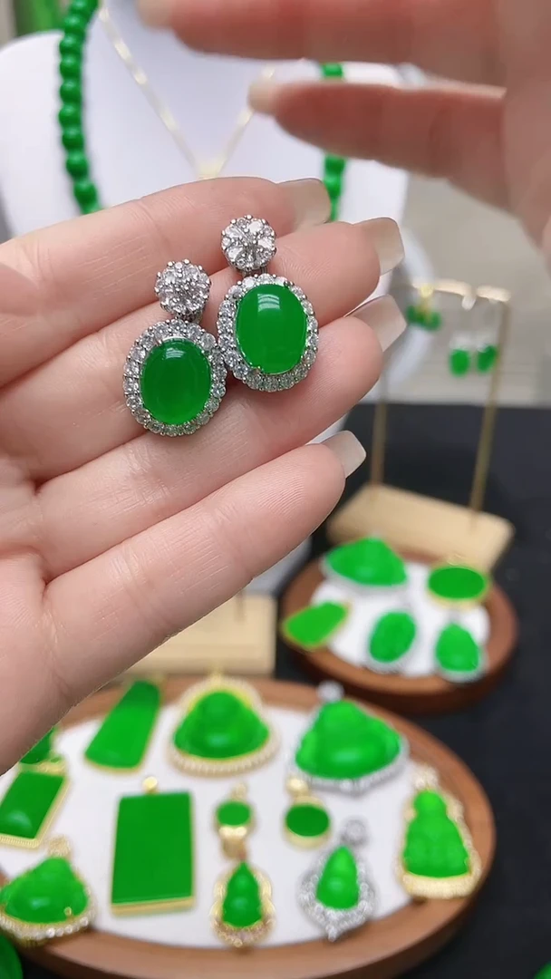 银S925镶嵌翡翠耳饰A107