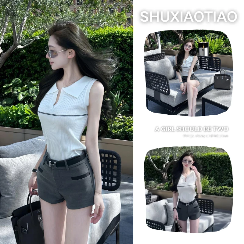 夏季超火两件套2025年新款韩系老钱风气质百搭背心腰带短裤两件套